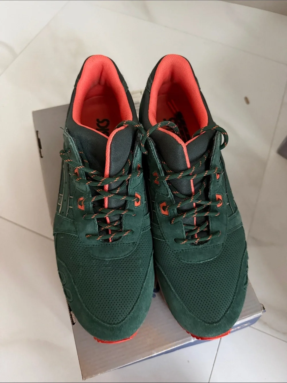 ASICS Men's Green Suede Athletic Sneakers with Coral Accents